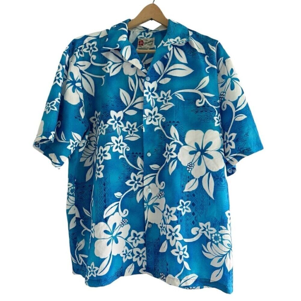 VTG Hilo Hattie Mens Sz XL Blue White Hawaiian Floral Button Up Shirt Polyester